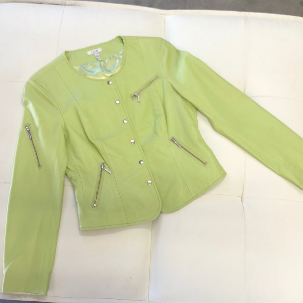Cache Green Apple Bright Leather Jacket with snaps and zipper pockets.